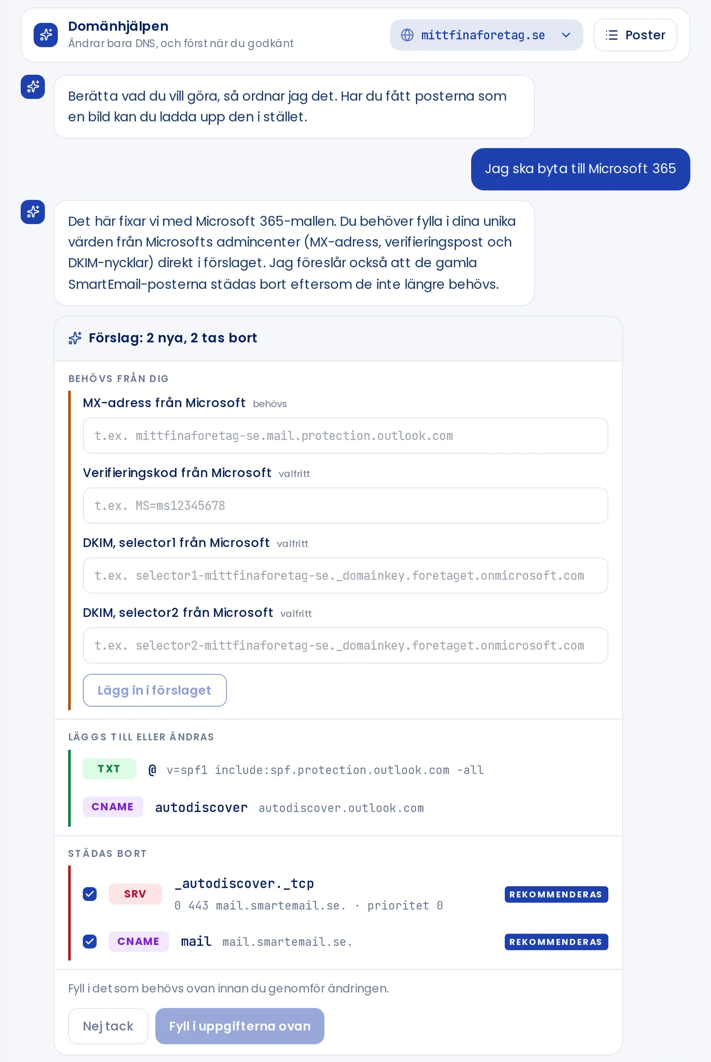 A conversation with Domain Assistant about switching to Microsoft 365