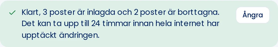 Bekräftelse från Domänhjälpen med knappen Ångra