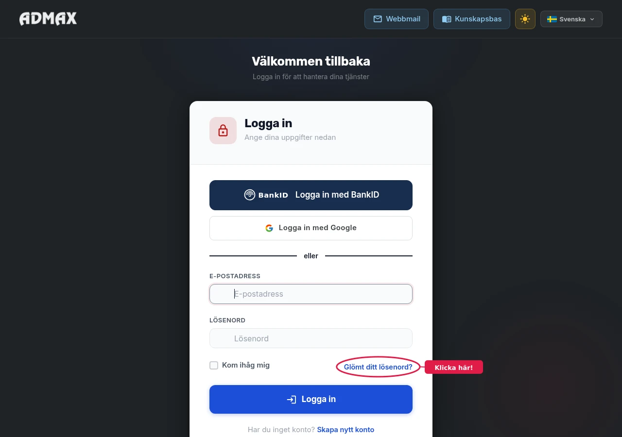Admax kundpanel inloggningssida – klicka på Glömt ditt lösenord