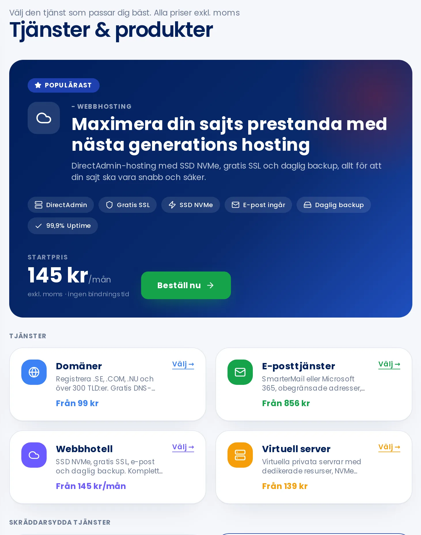 The Services and products page showing domains, email, web hosting and virtual server options