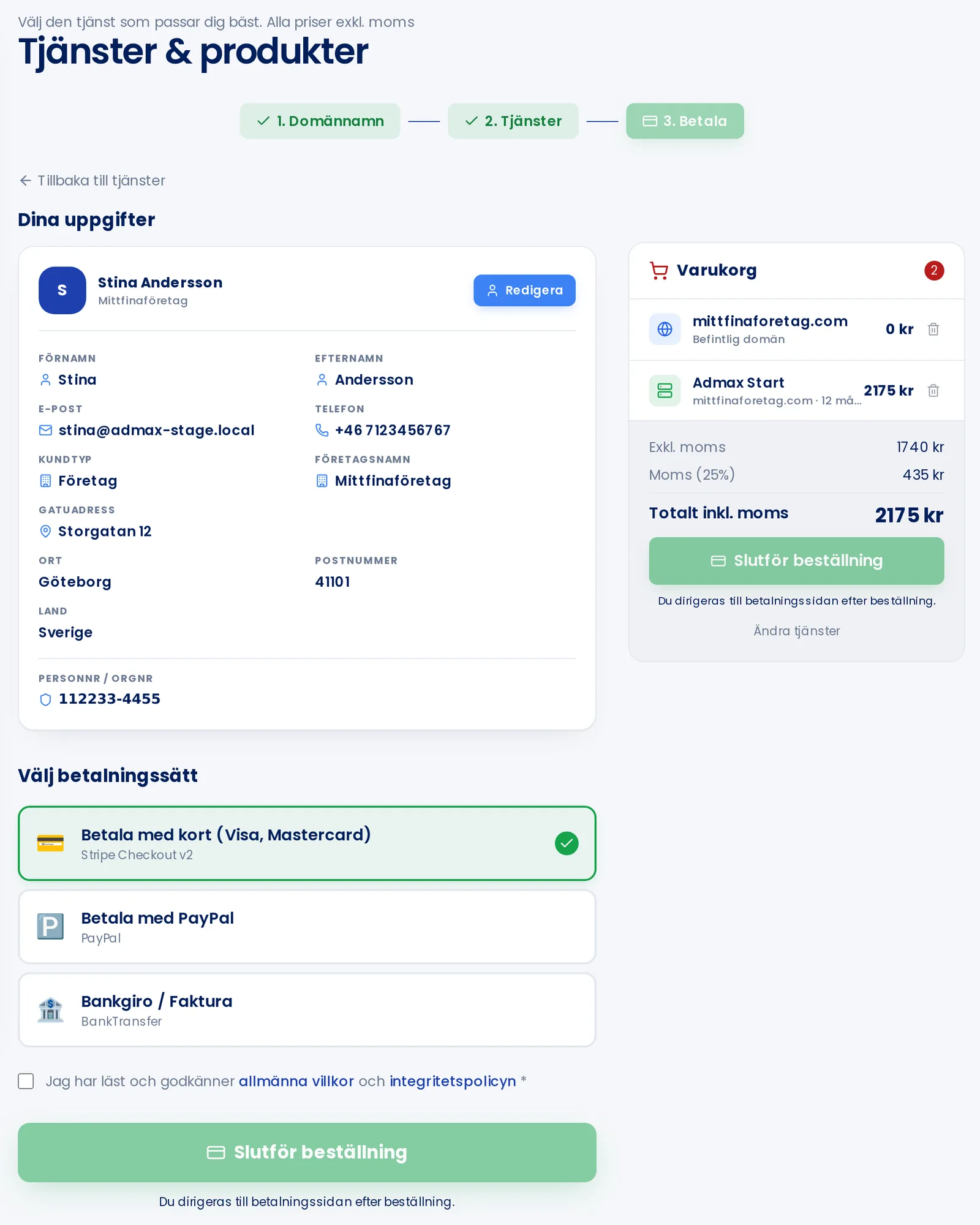 The Payment step showing details, payment method and the Complete order button