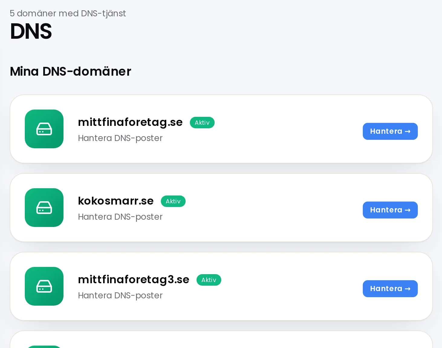 Sidan DNS med listan över domäner som har DNS-tjänst