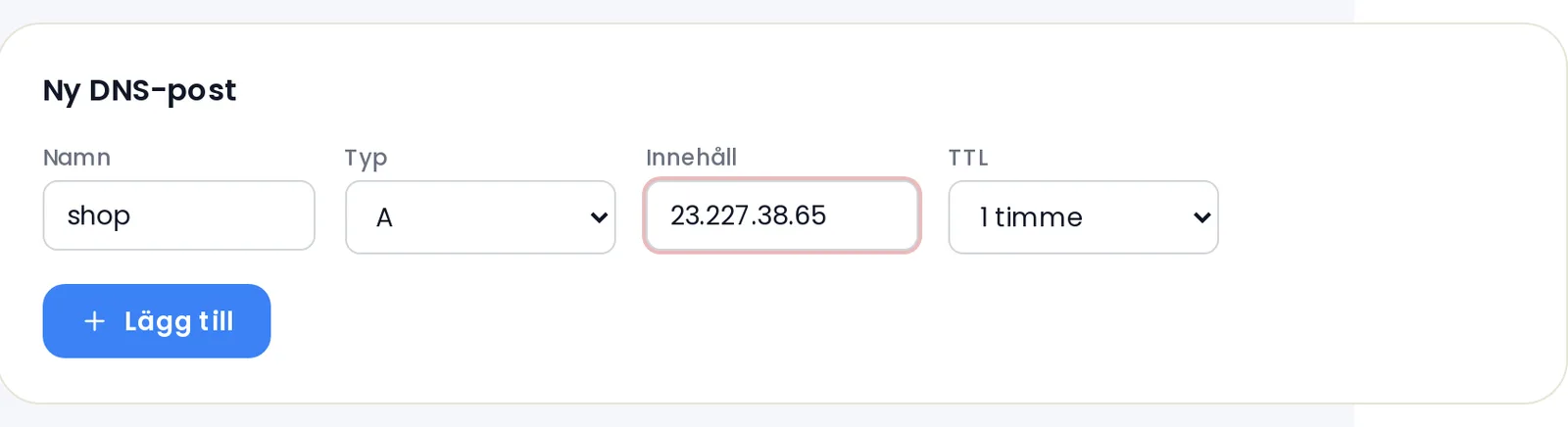 Formuläret Ny DNS-post ifyllt med en A-post