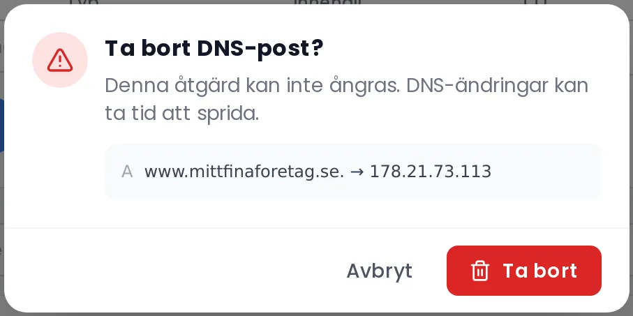 Rutan Ta bort DNS-post