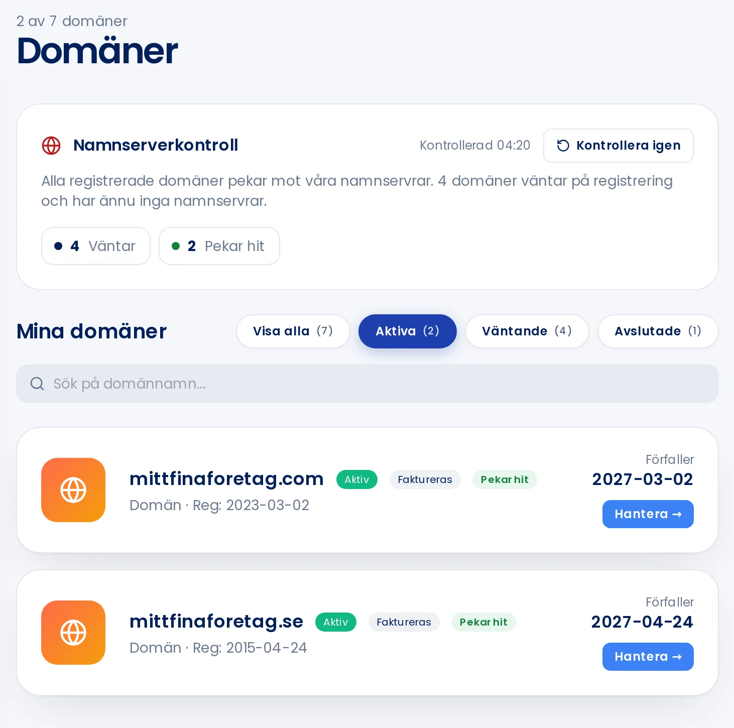 Sidan Domäner med namnserverkontroll och lista över domäner