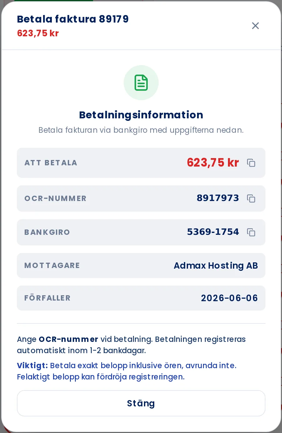 Bankgiro payment instructions with OCR reference number
