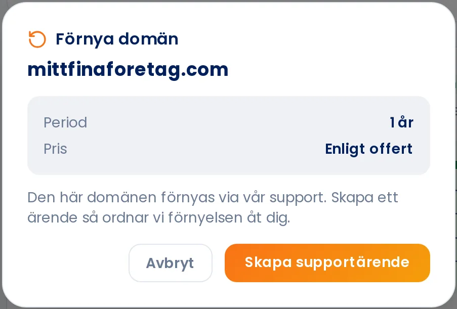 The renew domain dialogue for a domain that is renewed via our support team