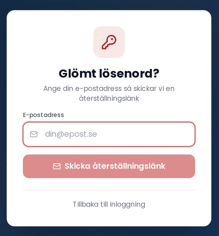 Sidan Glömt lösenord i kundpanelen