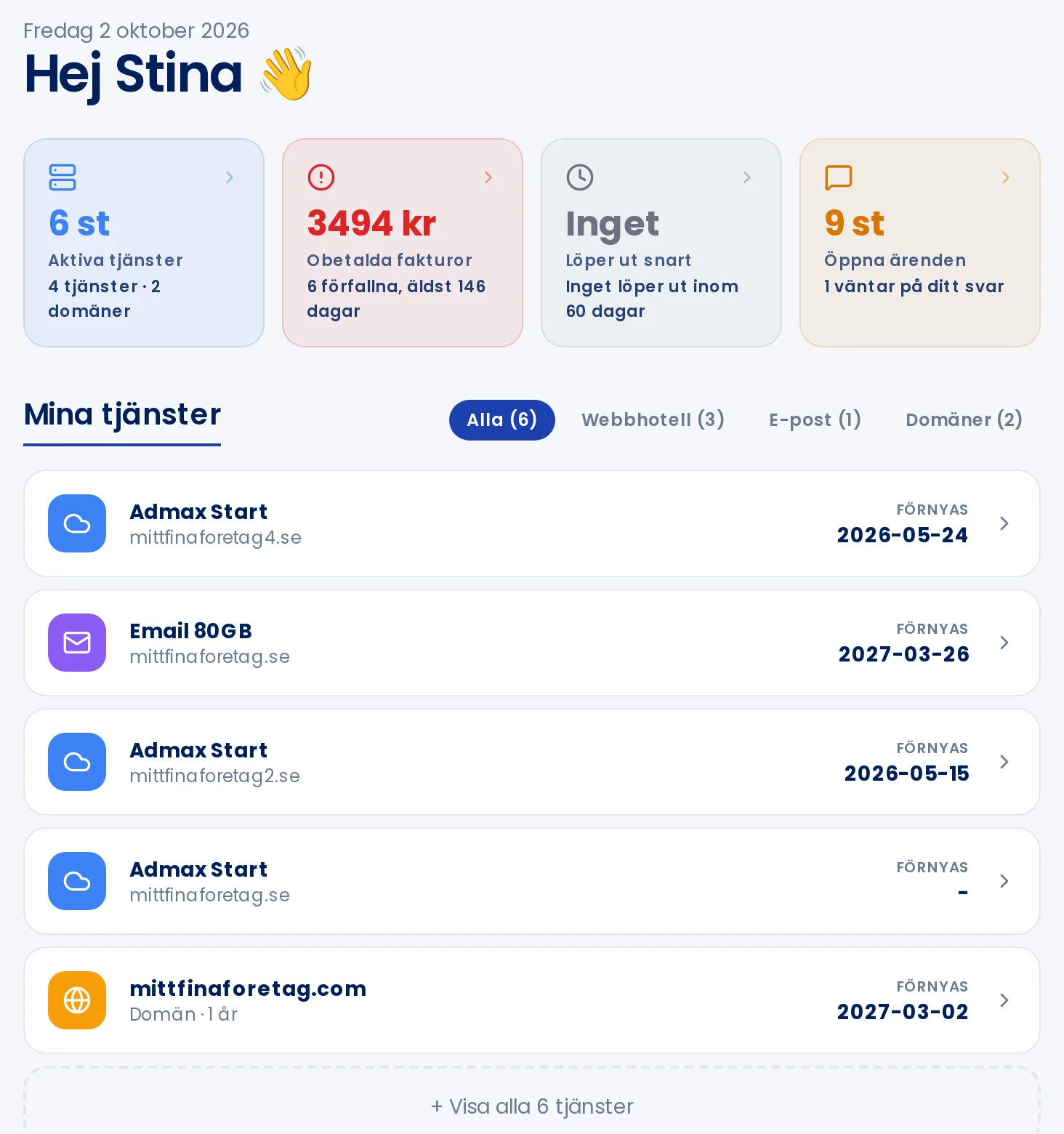 The home page of the customer portal showing tiles for services, invoices, and tickets
