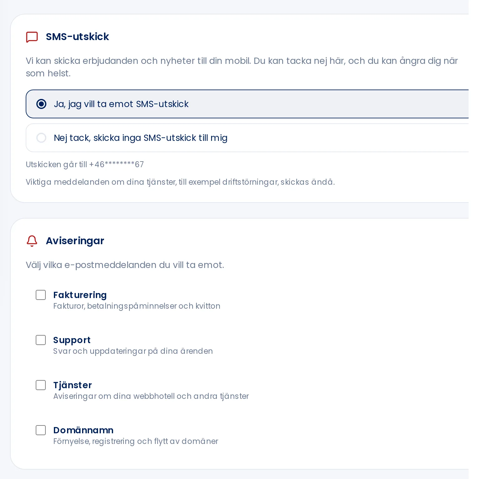 SMS messages and notifications under the Settings tab