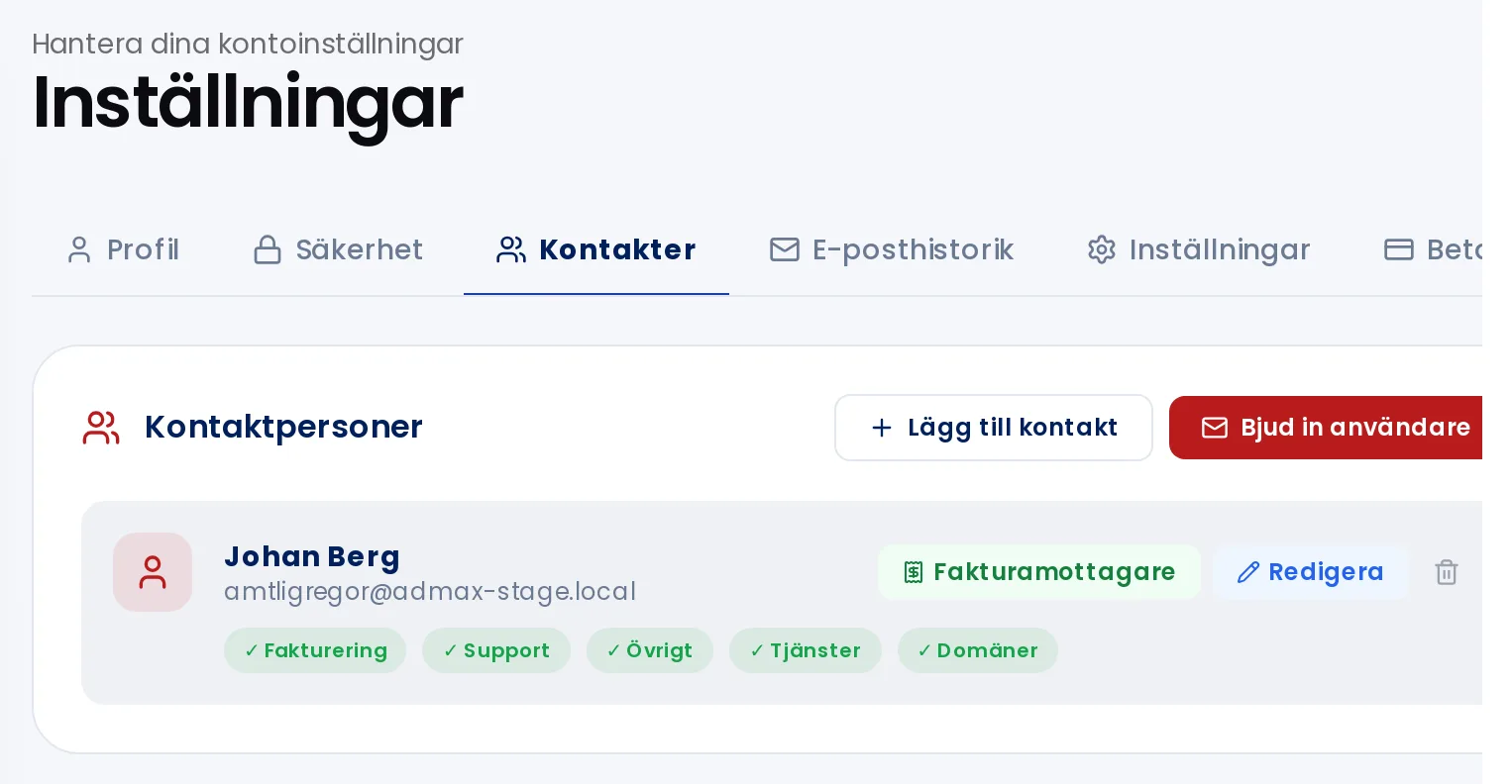 Fliken Kontakter med knapparna Lägg till kontakt och Bjud in användare
