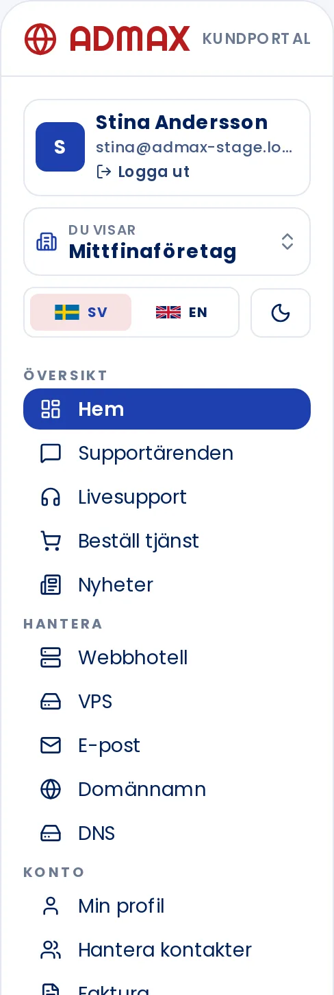 The menu in the customer portal