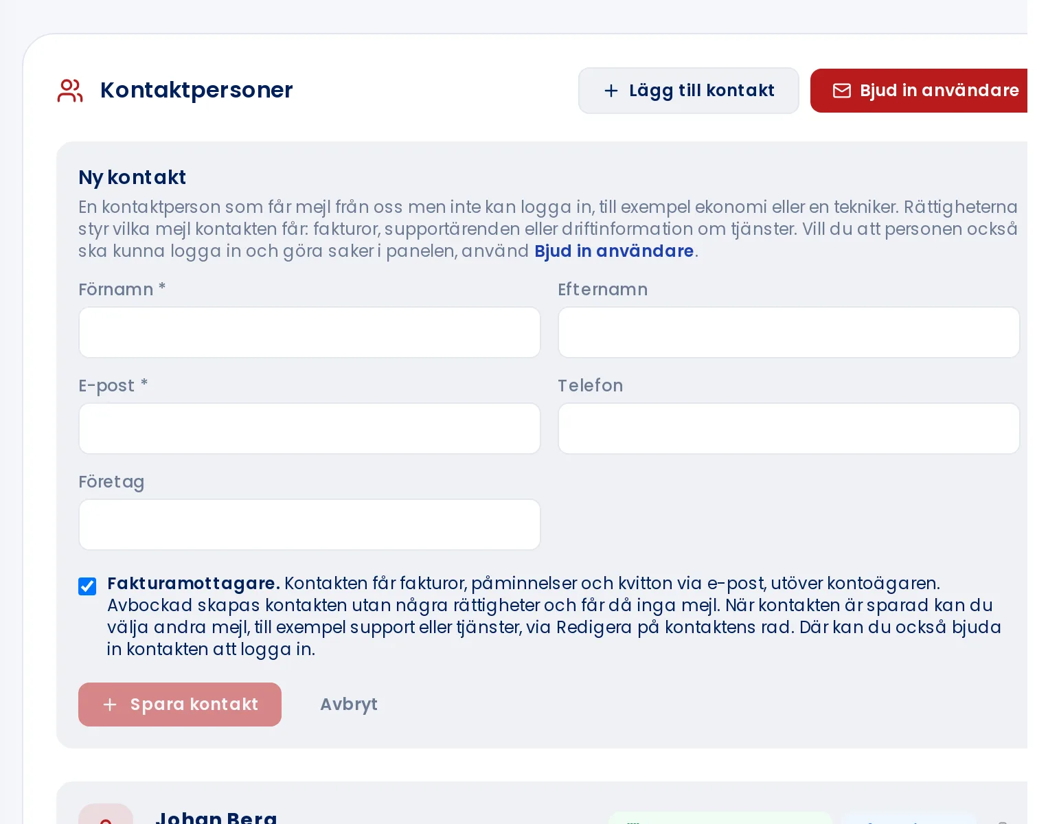 Formuläret Ny kontakt