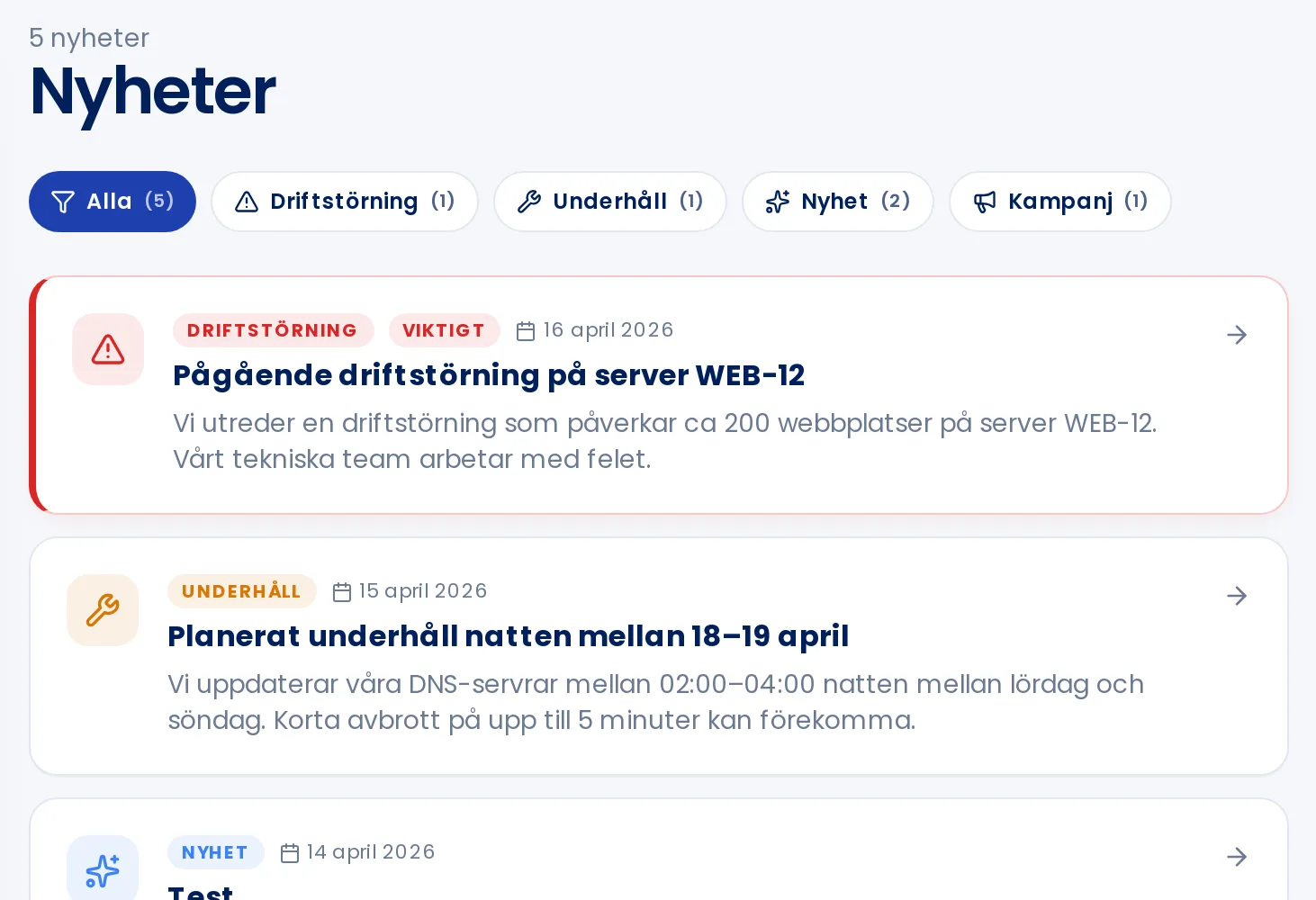 The News page in the customer portal