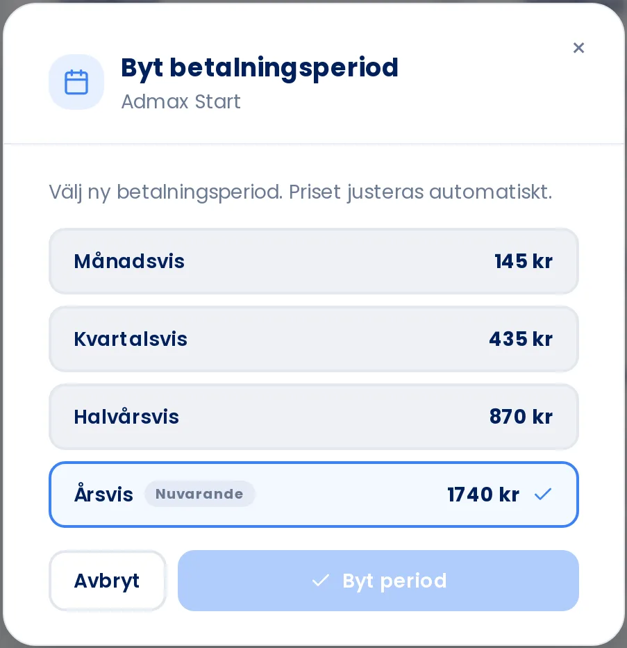 The Change billing period dialogue with prices for each period