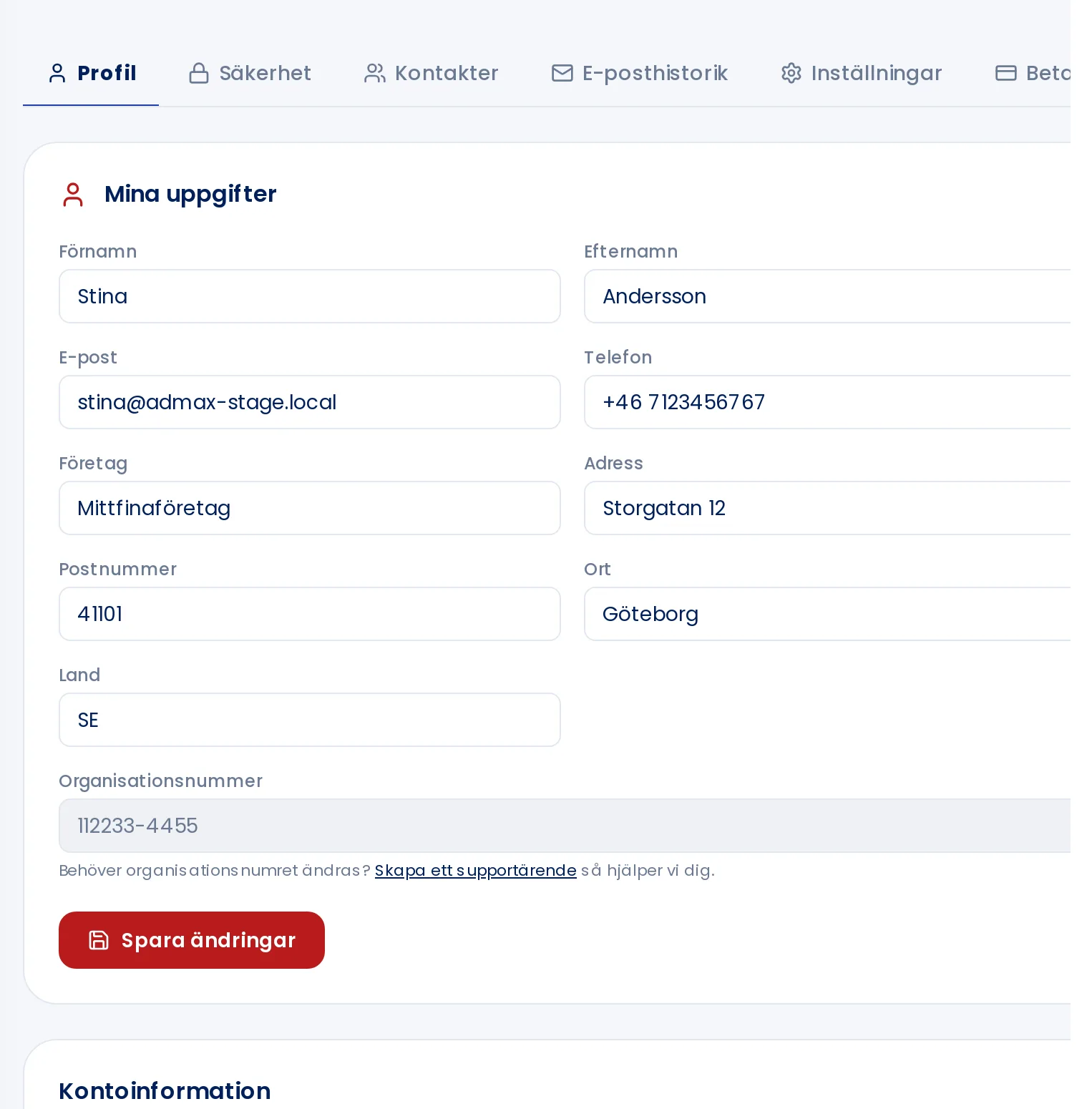 The Profile tab with My details and Account information