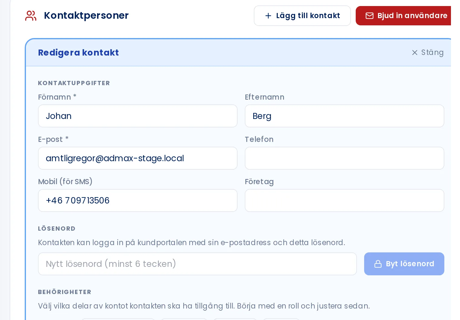 Redigera kontakt med kontaktuppgifter, lösenord och snabbval för behörigheter
