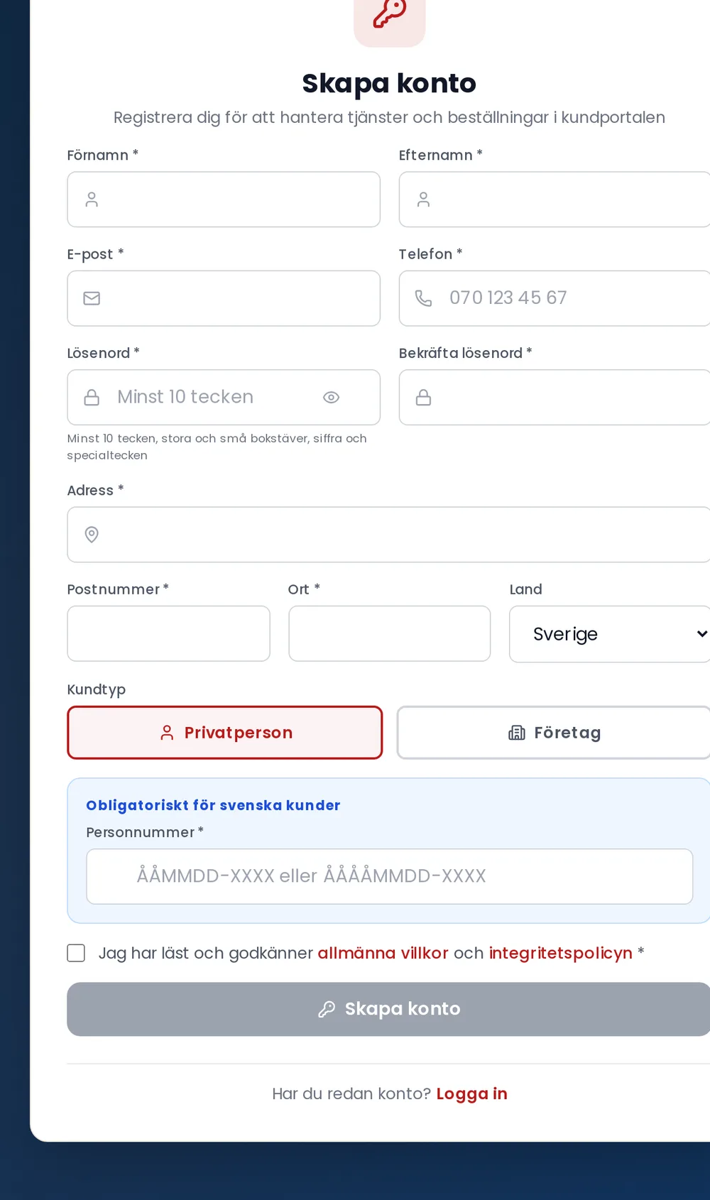 The Create account form in the customer portal