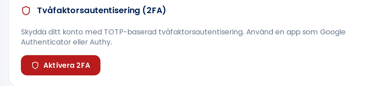 Rutan Tvåfaktorsautentisering med knappen Aktivera 2FA