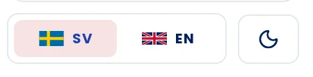 Buttons for Swedish, English and light or dark mode