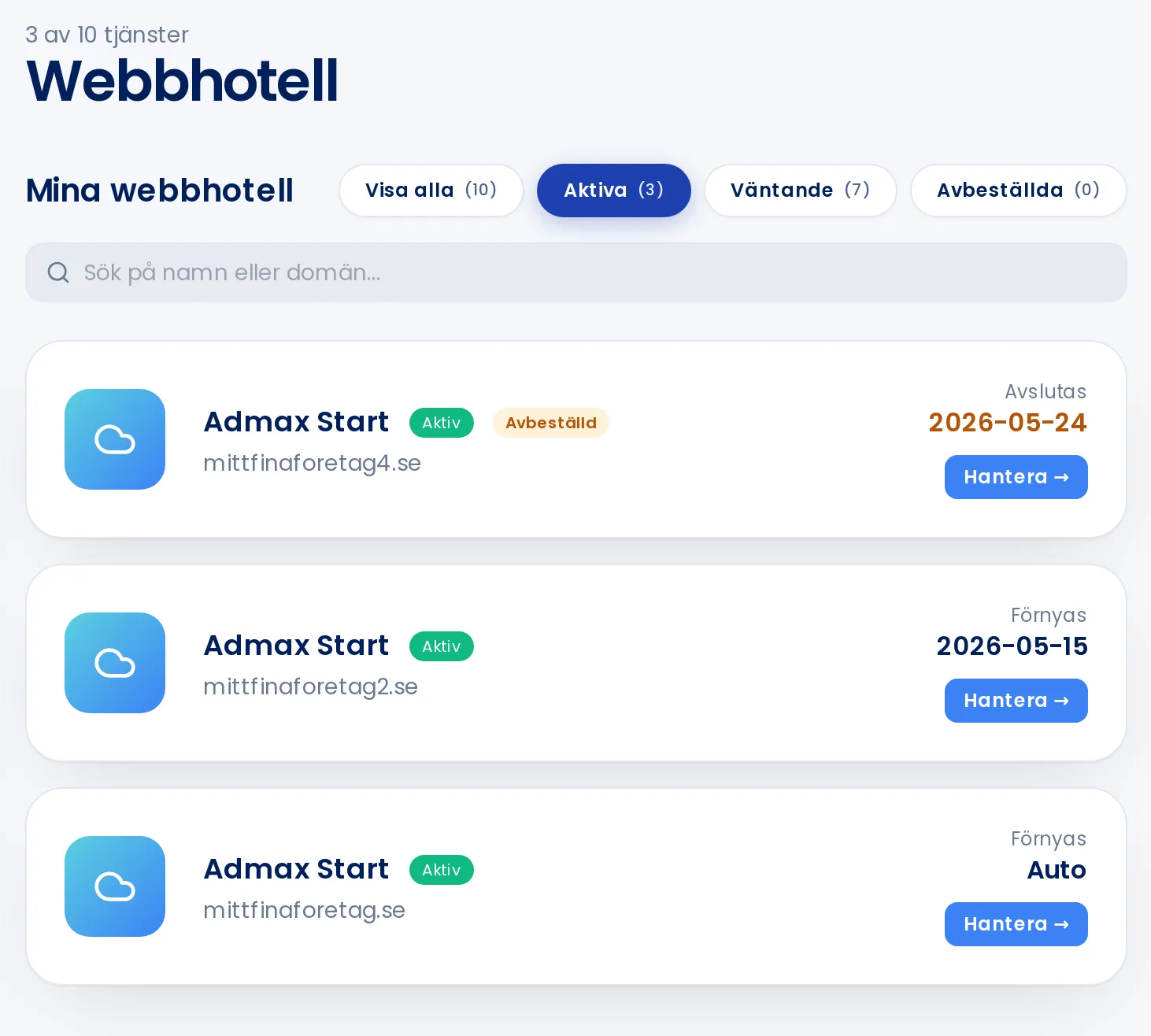 The list of web hosting packages in the customer portal